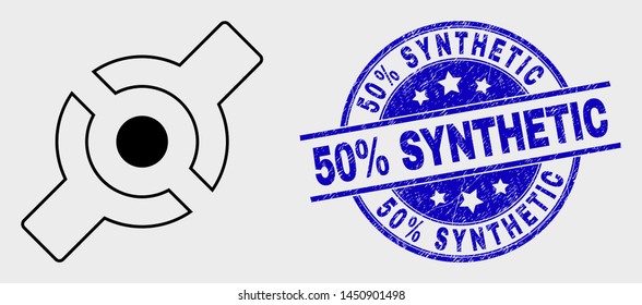 Vector outline artificial joint pictogram and 50% Synthetic seal stamp. Blue round grunge seal stamp with 50% Synthetic phrase. Black isolated artificial joint pictogram in outline style.