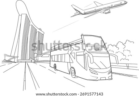 Vector outline artwork showcasing Singapore's popular attractions: Marina Bay Sands, double-decker tour bus, and aircraft.