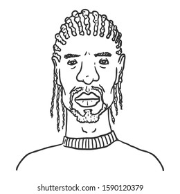 Vector Outline Avatar - African American Man with Afro Braids. Male Character Portrait.