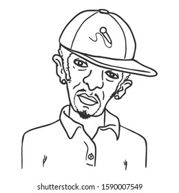 Vector Outline Avatar - Afro American Man in Baseball Cap. Male Character Portrait.