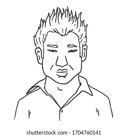 Vector Outline Avatar - Young Asian Man in Shirt. Male Character Portrait.