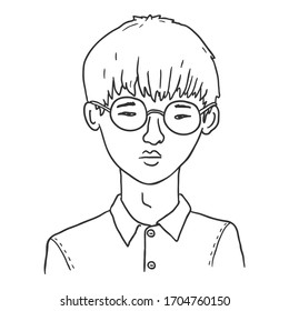 Vector Outline Avatar - Young Asian Man in Eyeglasses. Male Character Portrait.
