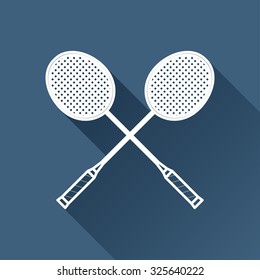 Vector outline badminton icon on dark blue background with long shadow 