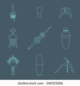 vector outline barman equipment icons set tools pour spout, jigger, plug, winged corkscrew, wine opener, squeezer, shaker, cocktail strainer on dark 