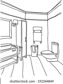 Vector outline bathroom interior, no color, angle view