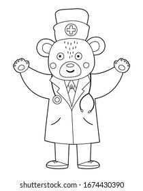 Vector outline bear doctor in medical hat with stethoscope. Cute funny animal character. Medicine coloring page for children. Healthcare icon isolated on white background