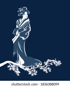 vector outline of beautiful geisha woman wearing traditional japanese kimono dress and winter season pine tree branch