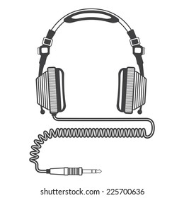 vector Outline Big dj Headphones with coiled cord and jack connector