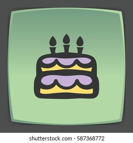 Vector outline birthday cake with candles food icon on green flat square plate. Elements for mobile concepts and web apps. Modern infographic logo and pictogram.