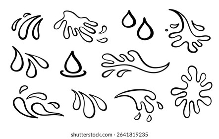 Vector Outline Black Drops Silhouettes, Water Drop Shapes, Blob Splashes Icons, Droplets Set. Liquid Ink Blots Design Elements Collection.