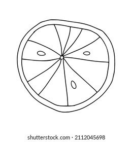 A Vector outline black illustration of one round slice fresh orange isolated on a white background