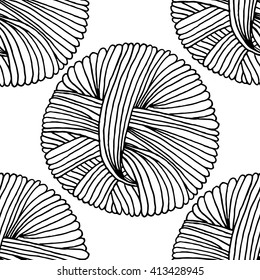 Vector outline black tailor ravel ball of yarn for knitting on white background. Seamless
background needlework, handmade. Pattern for adult coloring book page