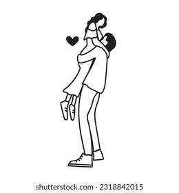 Vector outline black white doodle illustration with dancing hugging couple of man and woman. Trendy apparel print design, greeting card template.