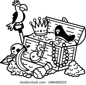 Vector Outline Black And White Drawing Of The Open Treasure Chest With Gold, Coins, Diamonds, Crown, Skull, Pearl Necklace, Pirate Hat And A Parrot Bird