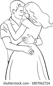 Vector outline black and white illustration. Romantic hugging  couple in love 