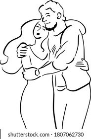 Vector outline black and white illustration. Romantic hugging  couple in love 