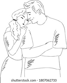 Vector outline black and white illustration. Romantic hugging  couple in love 