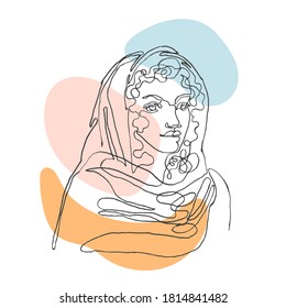 Vector outline black and white illustration of portrait woman in scarf. One line drawing isolated on white background. Use it for design card, poster, banner, social Media post, fashion print