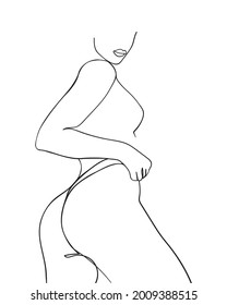 Vector outline black and white illustration of woman body. One line drawing isolated on white background.