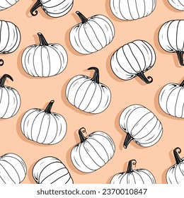 Vector Outline Black and White Line pumpkin seamless pattern design  on light pastel orange background. Repeatable and printable pumpkin texture. Halloween Holiday and Sweet Pumpkin Concept Design.