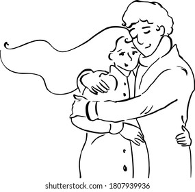 Vector outline black and white romantic couple in love hugging each other. Family is expecting a baby