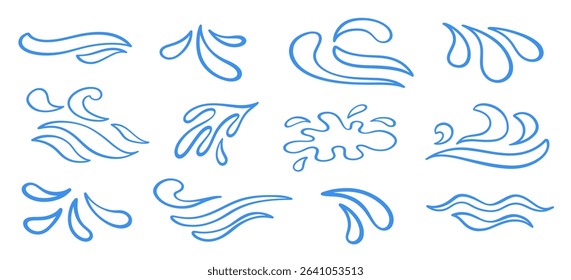 Vector Outline Blue Drops Silhouettes, Water Drop Shapes, Blob Splashes Icons, Droplets Set. Liquid Ink Blots Design Elements Collection.