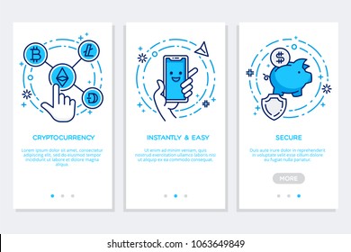 Dibujo azul del contorno vectorial de las pantallas de aplicaciones incorporadas en estilo plano, Criptodivisa - fácil y seguro. Plantilla para smartphone o sitio web, interfaz moderna interfaz UX UI GUI.
