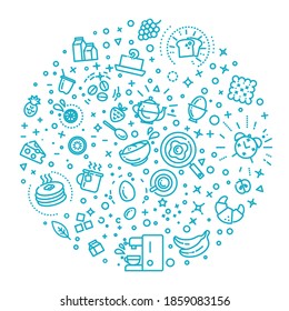 Iconos planos de desayuno con contorno de vector