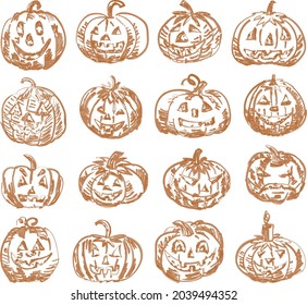 Vector outline brush drawings of set various halloween pumpkins