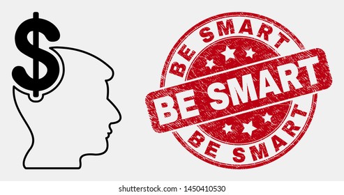 Vector outline business thinking pictogram and Be Smart seal stamp. Blue rounded scratched seal with Be Smart phrase. Black isolated business thinking pictogram in outline style.