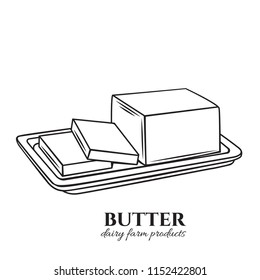 Vector outline butter icon. Sliced farm dairy products on a plate. Retro style.