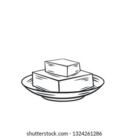 Vector outline butter icon. Sliced farm dairy products on a plate. Retro style.