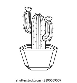 Cactus de contorno vectorial en la olla. Suculenta planta interior con espinas y flores. Cacti para el hogar y el interior. Dibujo de doodle botánico lineal en blanco y negro aislado sobre fondo blanco.