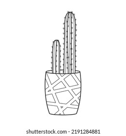 Vector outline cactus in pot. Indoor succulent plant with thorns. Cacti for home and interior. Botanical doodle linear black and white illustration isolated on white background.