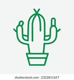 Vector outline cactus in pot. Indoor succulent plant with thorns and flowers. Cacti for home and interior. Botanical doodle linear black and white illustration isolated on white background.