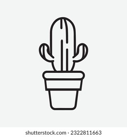 Vector outline cactus in pot. Indoor succulent plant with thorns and flowers. Cacti for home and interior. Botanical doodle linear black and white illustration isolated on white background.