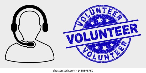 Vector outline call center operator icon and Volunteer seal stamp. Blue rounded textured stamp with Volunteer message. Black isolated call center operator icon in contour style.