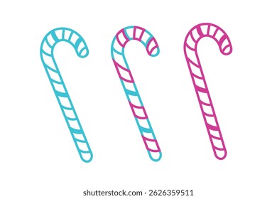 Vector Outline Candy Canes Set Collection Isolated on White Background Christmas and New Year Sugar Cane Design Element. Christmas neon decorations. Isolated on white background. Candy Cane design.