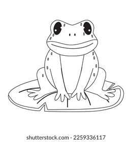 Vector outline cartoon frog sitting on leaf of water lily isolated on white background. Black and white page for coloring book.