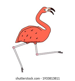 Vector outline cartoon pink peach flamingo isolated on white background. Doodle animal is dancing or jumping, joyful mood, full of energy, beak open