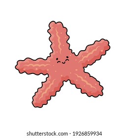 Vector outline cartoon pink sea star or Starfish with eyes, smile. Doodle Marine invertebrate from sea or ocean brightly colored. Isolated on white background