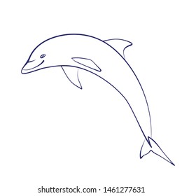 Vector outline cartoon sea dolphin. Graphic underwater animal illustration isolated on white background for coloring book.