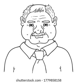 Vector Outline Character - Bald Old Man in Shirt and Necktie. Male Retired Person Portrait.