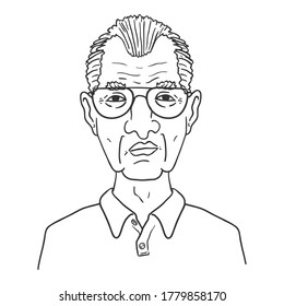 Vector Outline Character - Old Man in Eyeglasses. Male Retired Person Portrait.