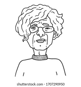 Vector Outline Character - Old Woman in Eyeglasses. Female Retired Person Portrait.