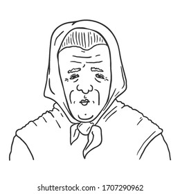 Carácter de contorno de vector - Mujer vieja rusa. Retrato Femenino Retirado.