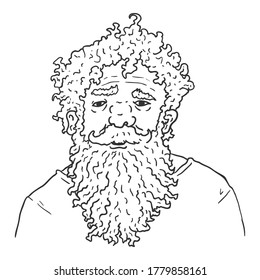 Carácter de contorno vectorial - Viejo Shaggy con barba enorme. Retrato De Hombre Retirado.