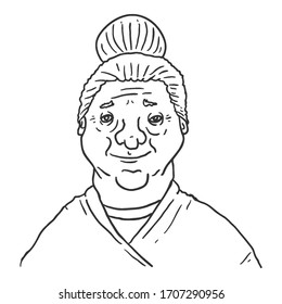Vector Outline Character - Smiling Old Woman . Female Retired Person Portrait.