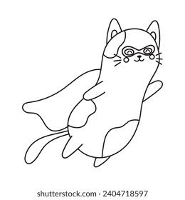 Personaje de contorno vectorial súper gato volando sobre el cielo. El gato gracioso de Doodle en el traje de superhéroe aislado. Impresión de potencia de gato. Magnífica imagen prediseñada.