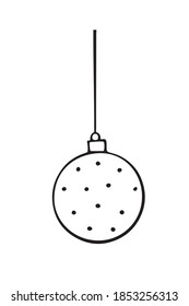 Vector outline Christmas ball hanging on string. Element of new year and xmas design in style of doodles, isolated. Simple hand drawn image for greeting cards, calendars, coloring book
